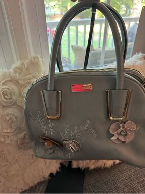 Big Buddha Light Blue Floral Appliqué Green Leather Dome Satchel Purse